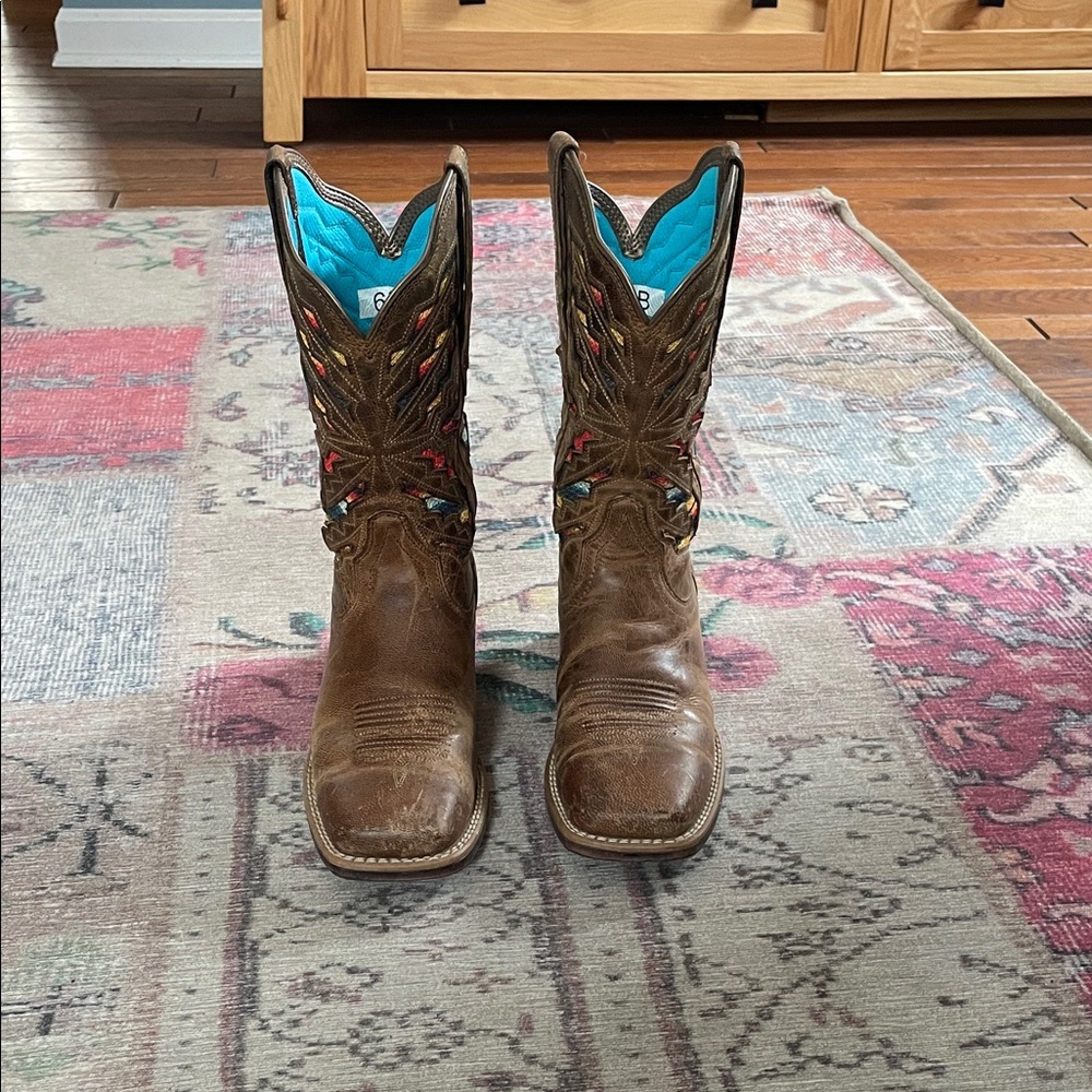 Ariat Brown Leather Western Boots with Colorful Accents